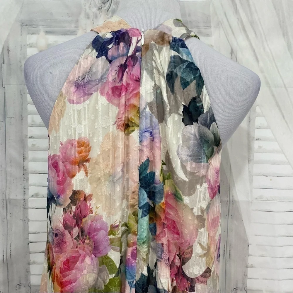 Alex Marie Ivory Pink Floral Long Maxi Sleeveless V Neck Halter Dress Easter NEW - Picture 6 of 11